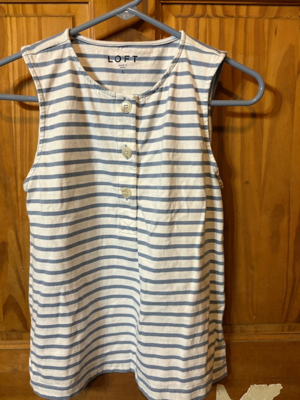 LOFT White and Light Blue Striped Button-Front Sleeveless Top